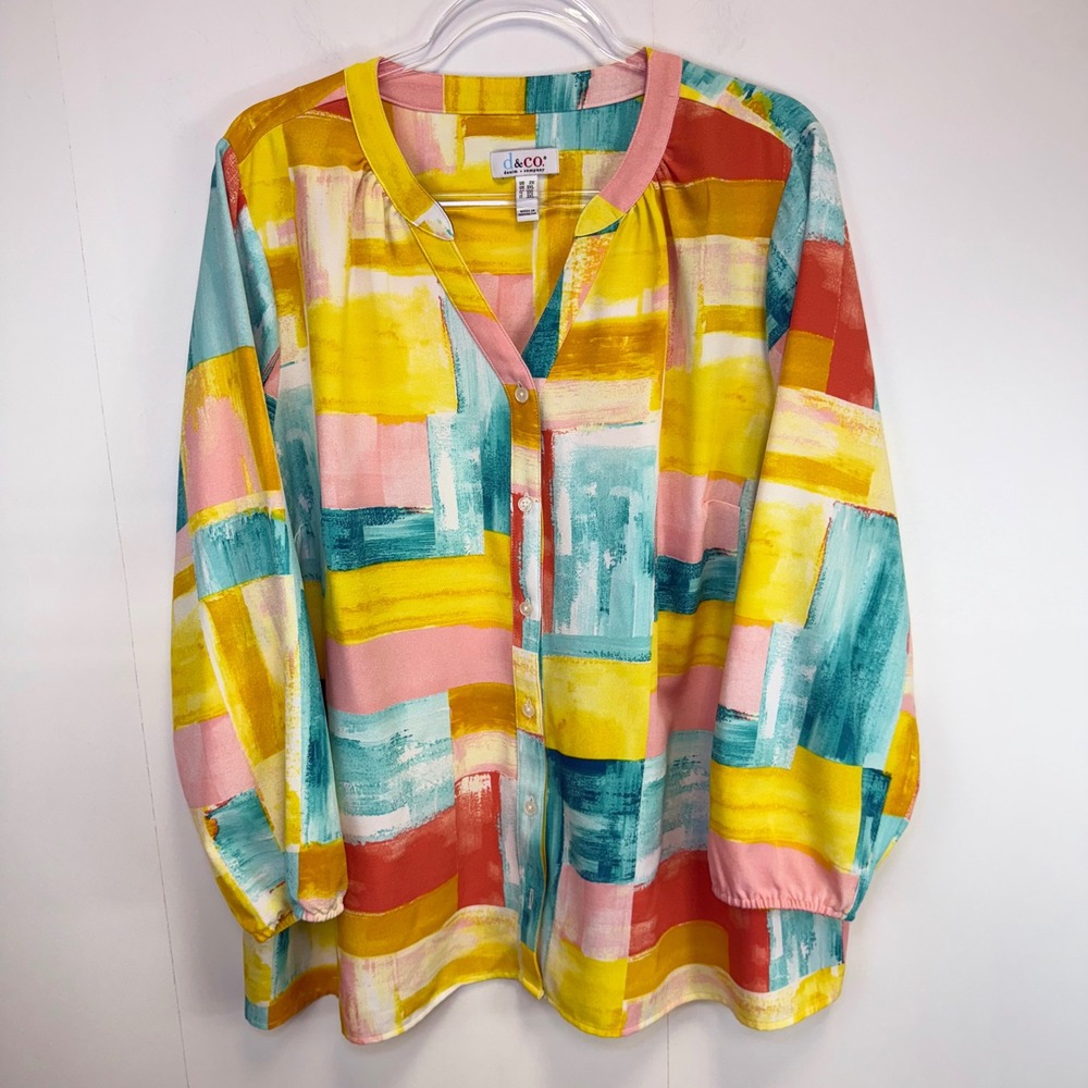 d & co. Abstract Print Button Down Blouse Colorful Painterly 2X Artsy Tropical